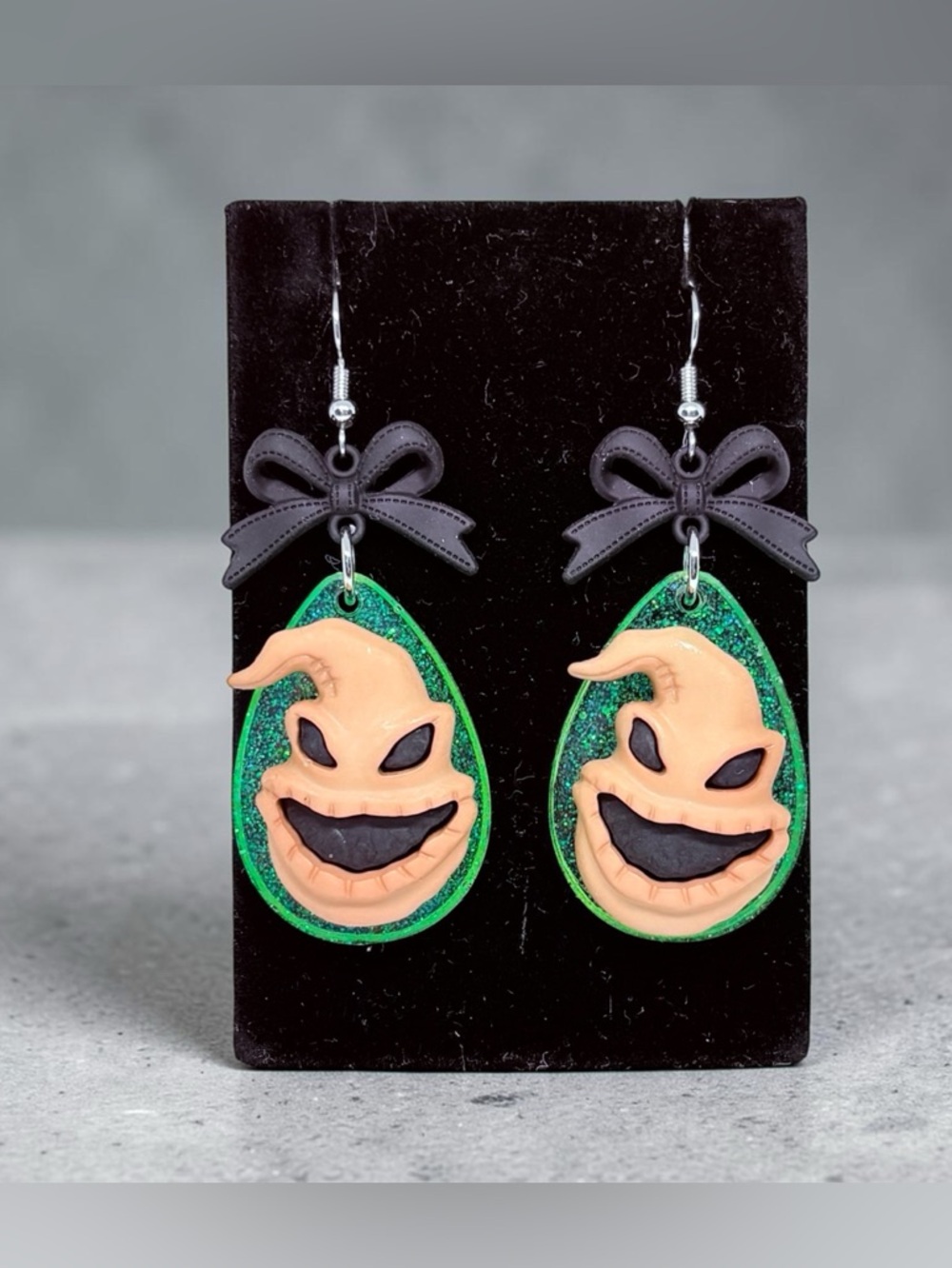 Oogie Boogie Inspired Ghostface Green Glitter Teardrop Earrings with Black Bow
